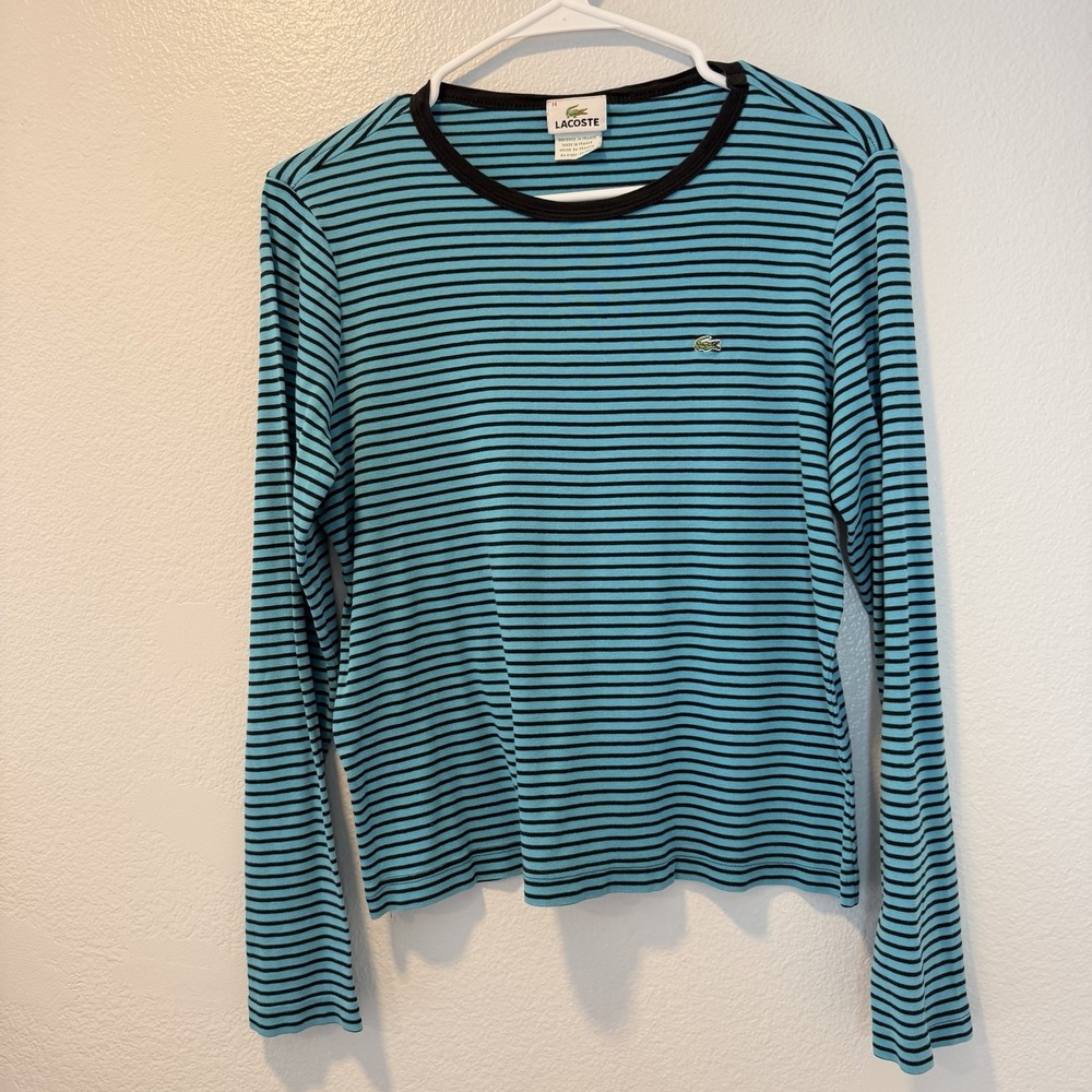 Lacoste Size-14 Womens Long Sleeve Shirt Black And Blue Stripe